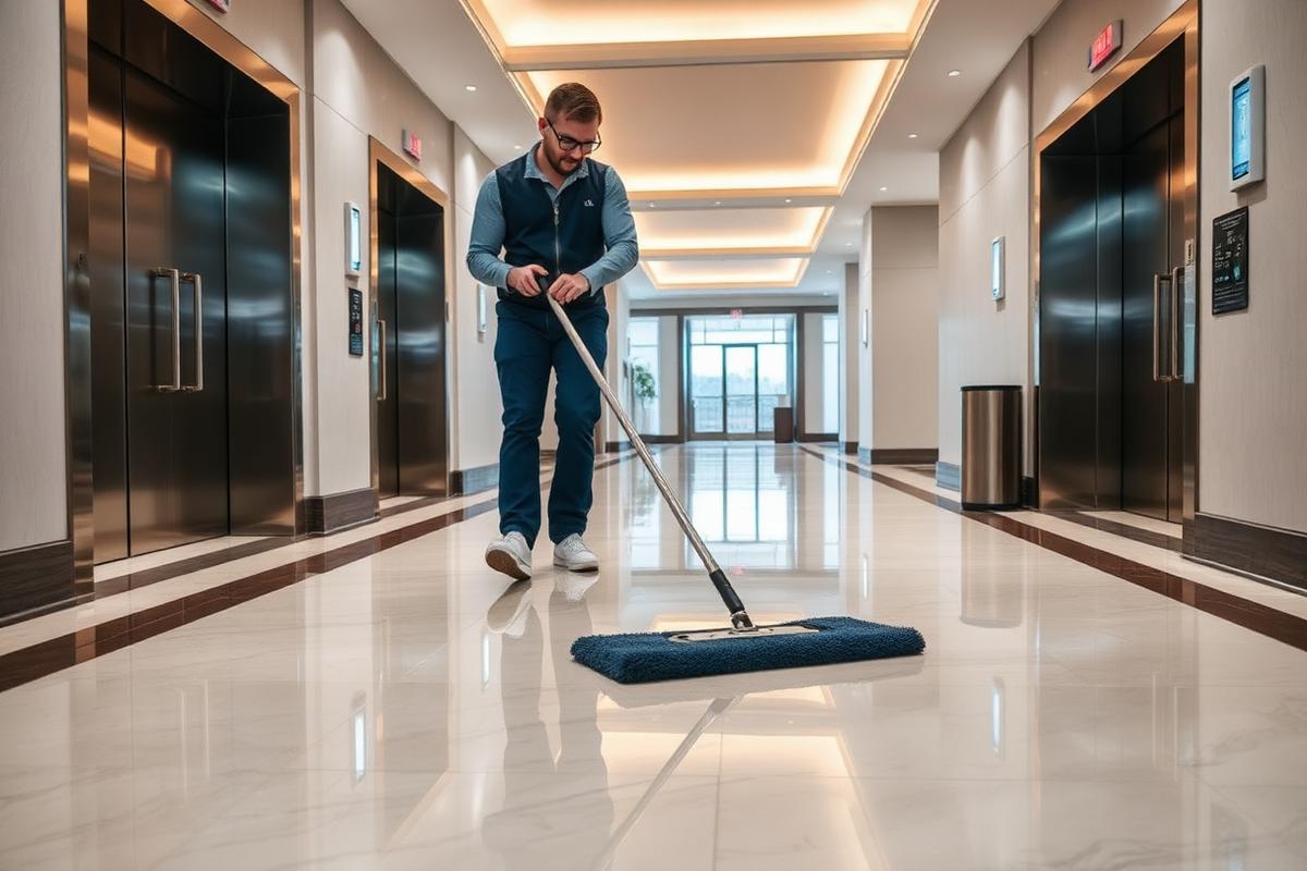 Profissional higienizando o hall de entrada de um condomínio com elevadores e piso brilhante